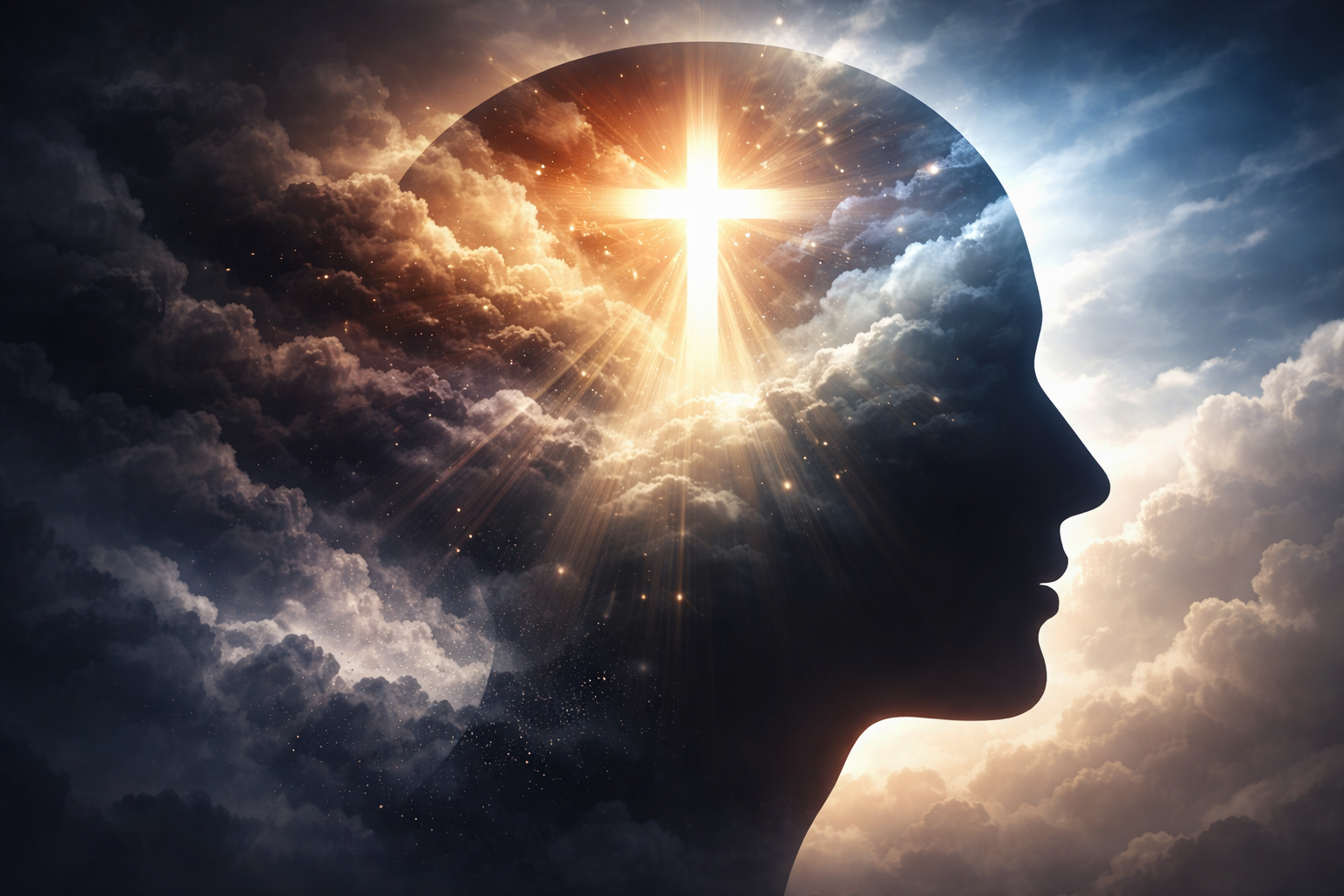Illustration of a human head silhouette with a glowing cross inside the mind, symbolising faith guiding our thoughts and renewing the mind through Christ.