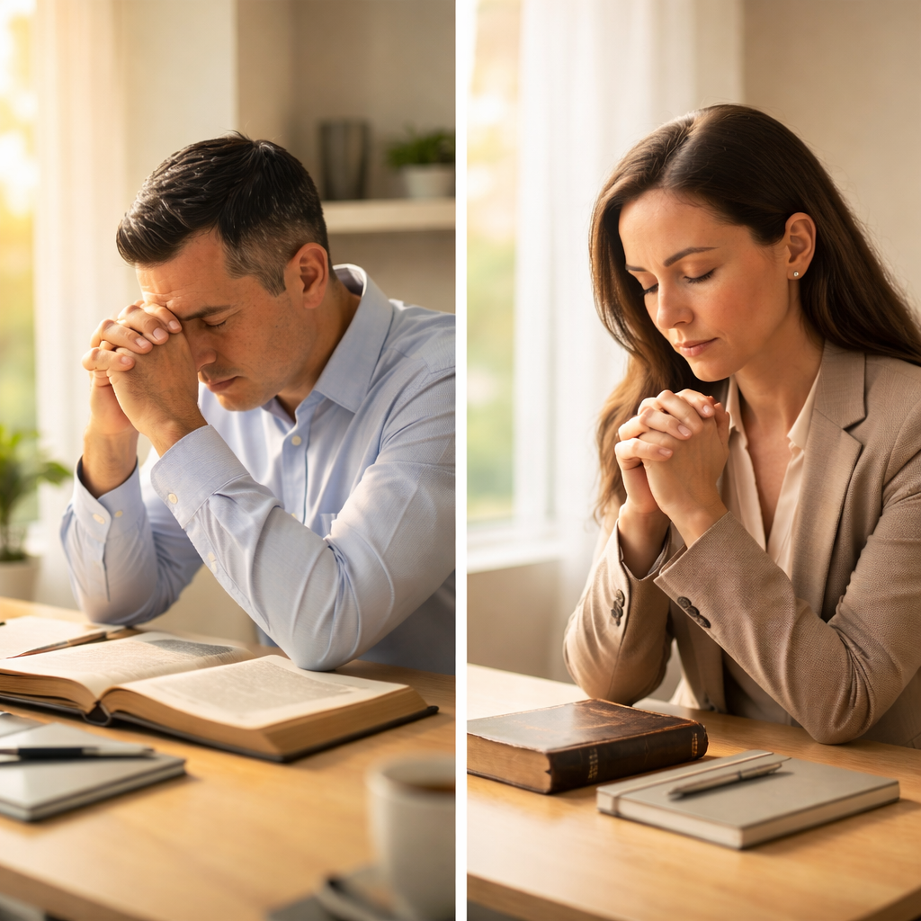 Business leader praying at desk with Bible open, seeking God’s guidance during uncertain times