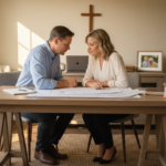 Christian small business owners reviewing plans together in an office with a cross on the wall representing faith guiding business decisions