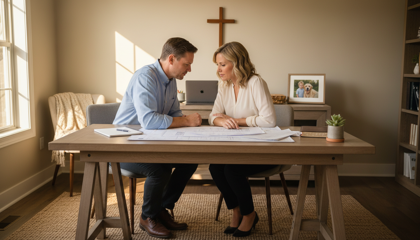 Christian small business owners reviewing plans together in an office with a cross on the wall representing faith guiding business decisions