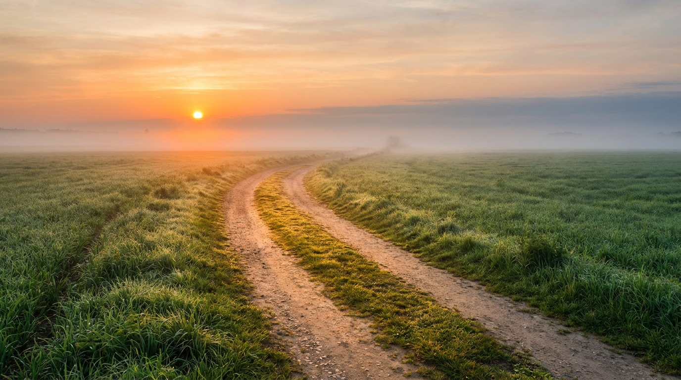 Winding path through green fields at sunrise, symbolising guidance, direction, and trusting God’s leading