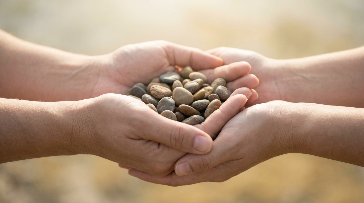 Hands holding small stones being passed between two people, symbolising surrender, trust, and letting go of burdens