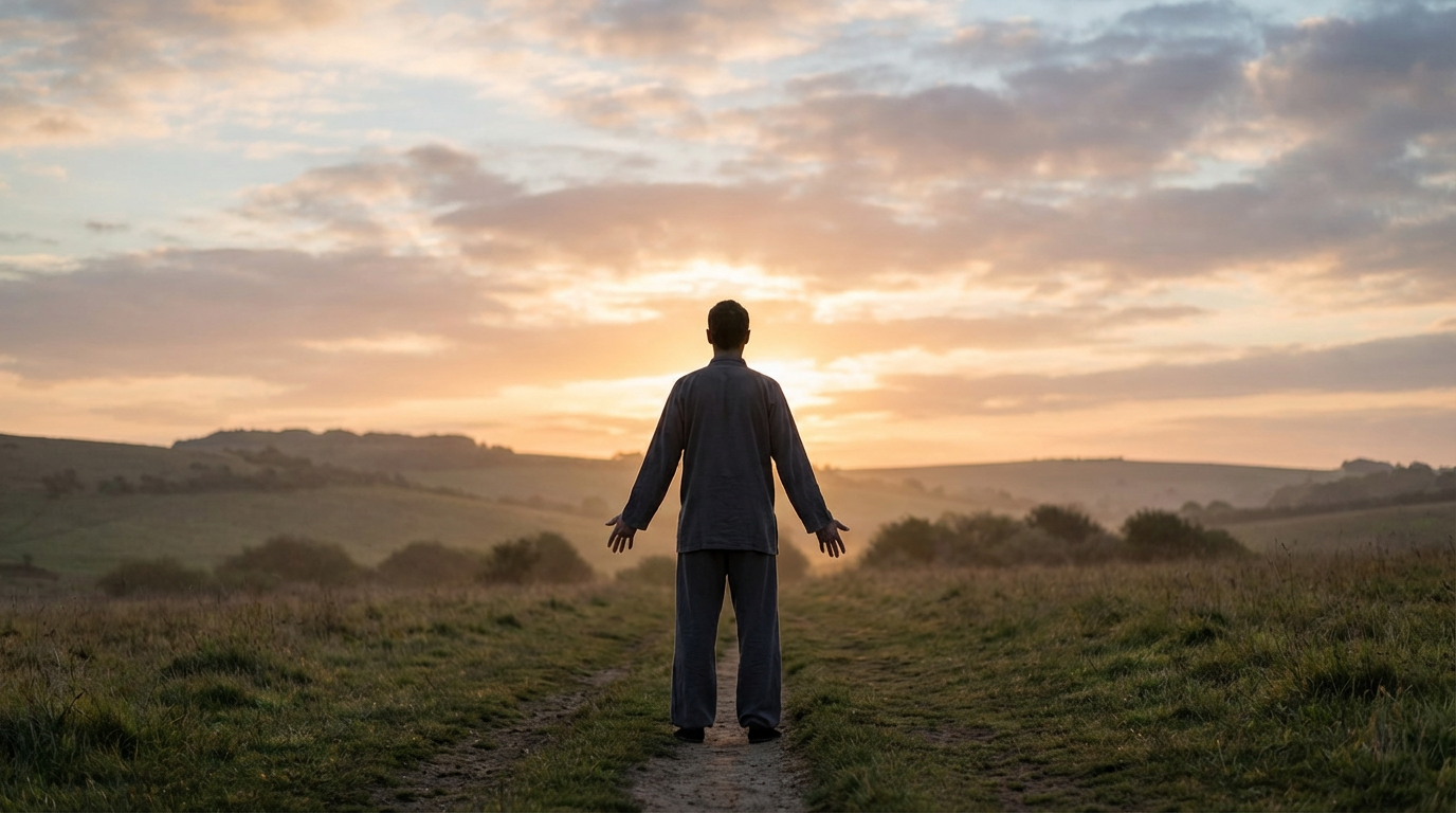 Person standing on a path at sunrise with open arms, symbolising surrender, trust, and walking with God