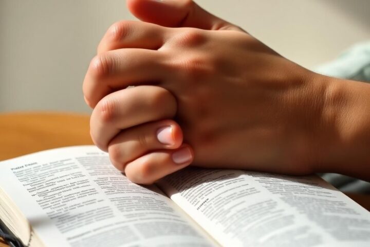 Hands clasped in prayer over an open Bible, reflecting personal faith and quiet time with God