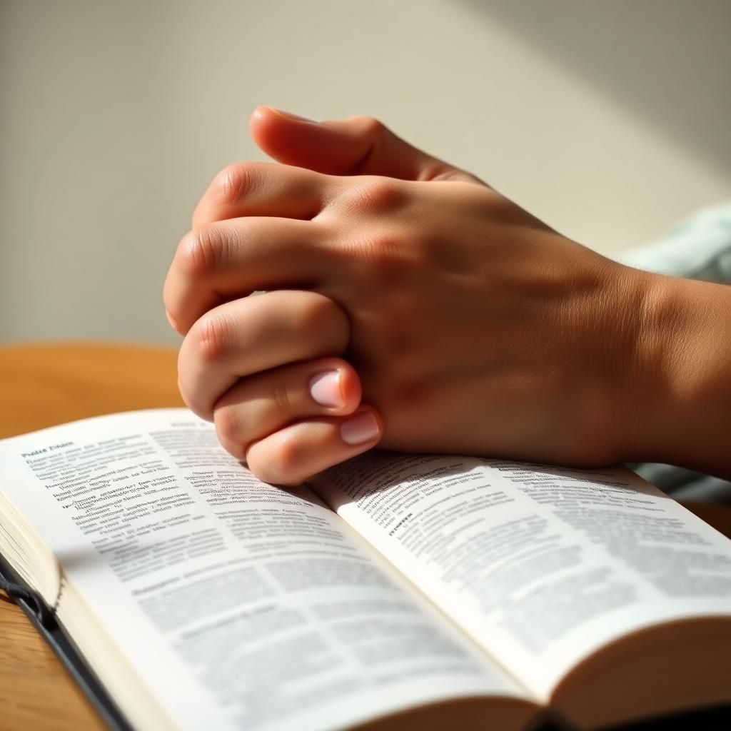 Hands clasped in prayer over an open Bible, reflecting personal faith and quiet time with God