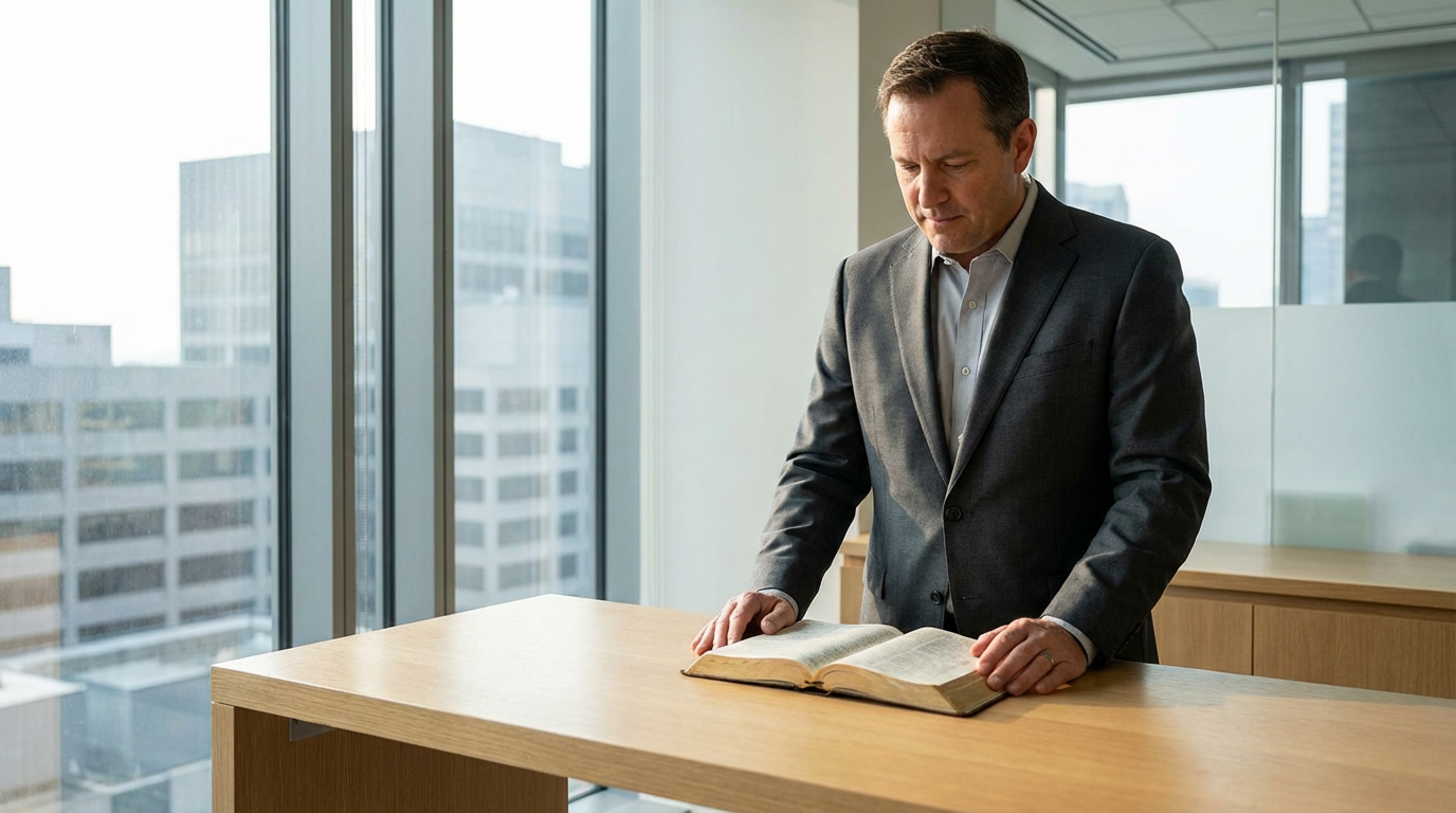 Business leader reading the Bible in an office, reflecting on faith and decision making