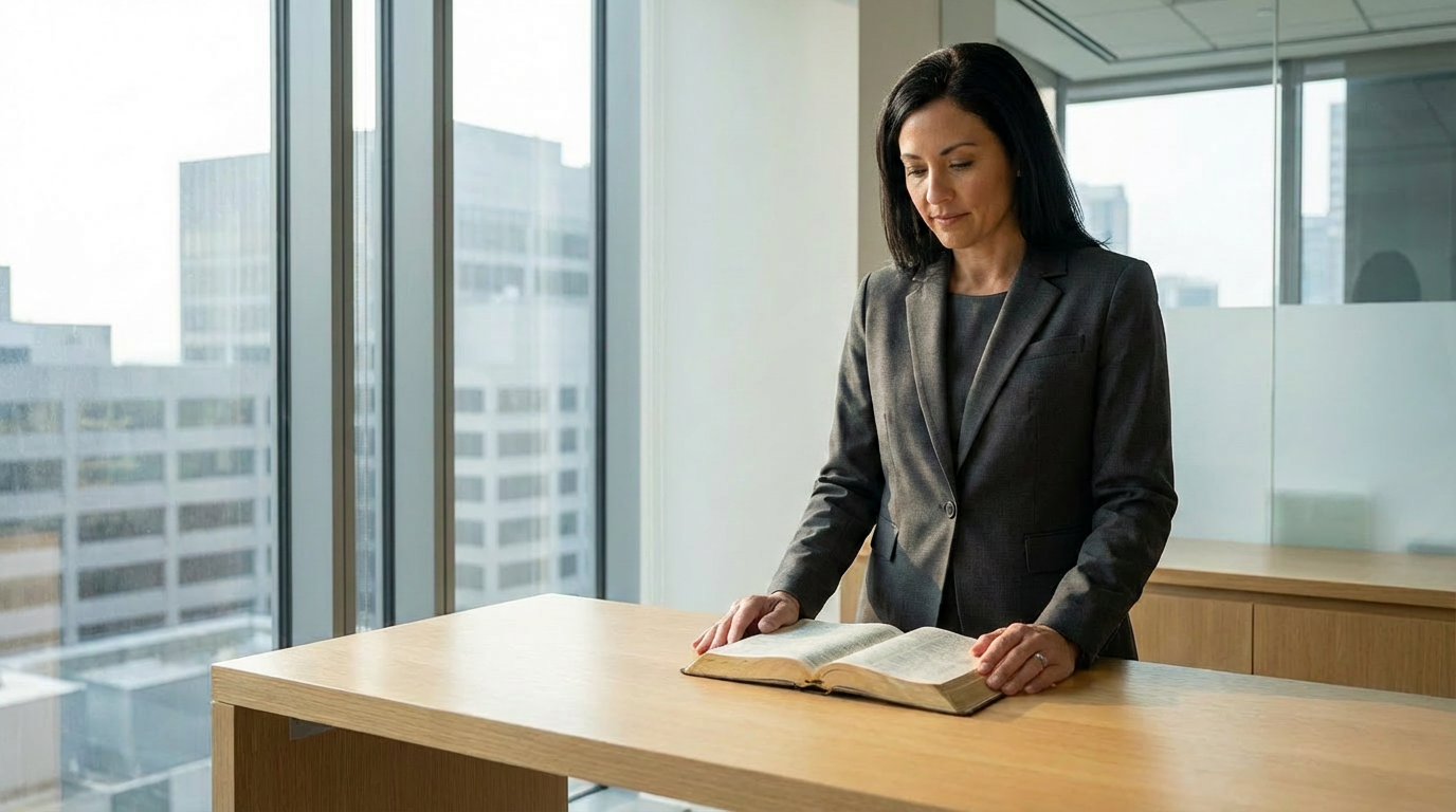 Businesswoman reading the Bible in an office, reflecting on faith and daily work decisions