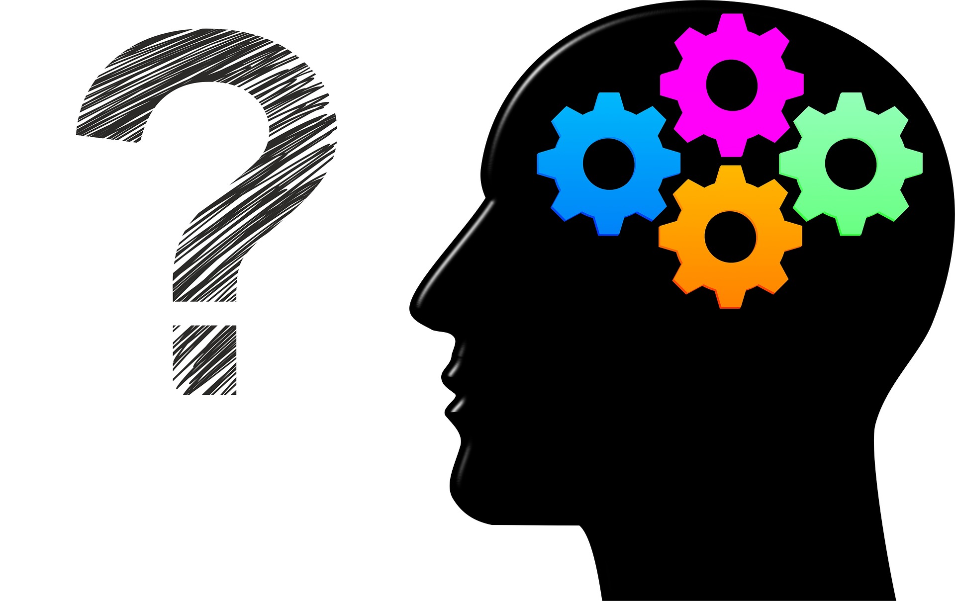 Silhouette of a human head with colourful gears and a question mark representing the battle of the mind and internal thoughts