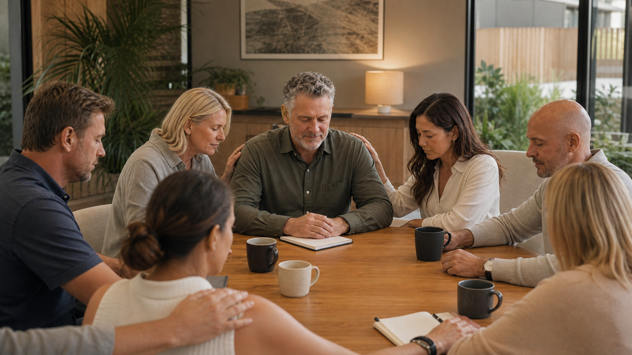 Business leaders praying together in a supportive small group community setting
