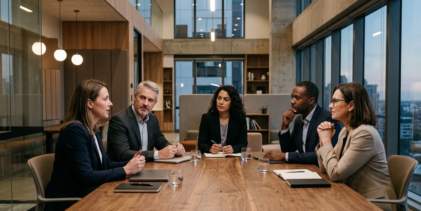 Business leaders meeting together in discussion within a professional community setting