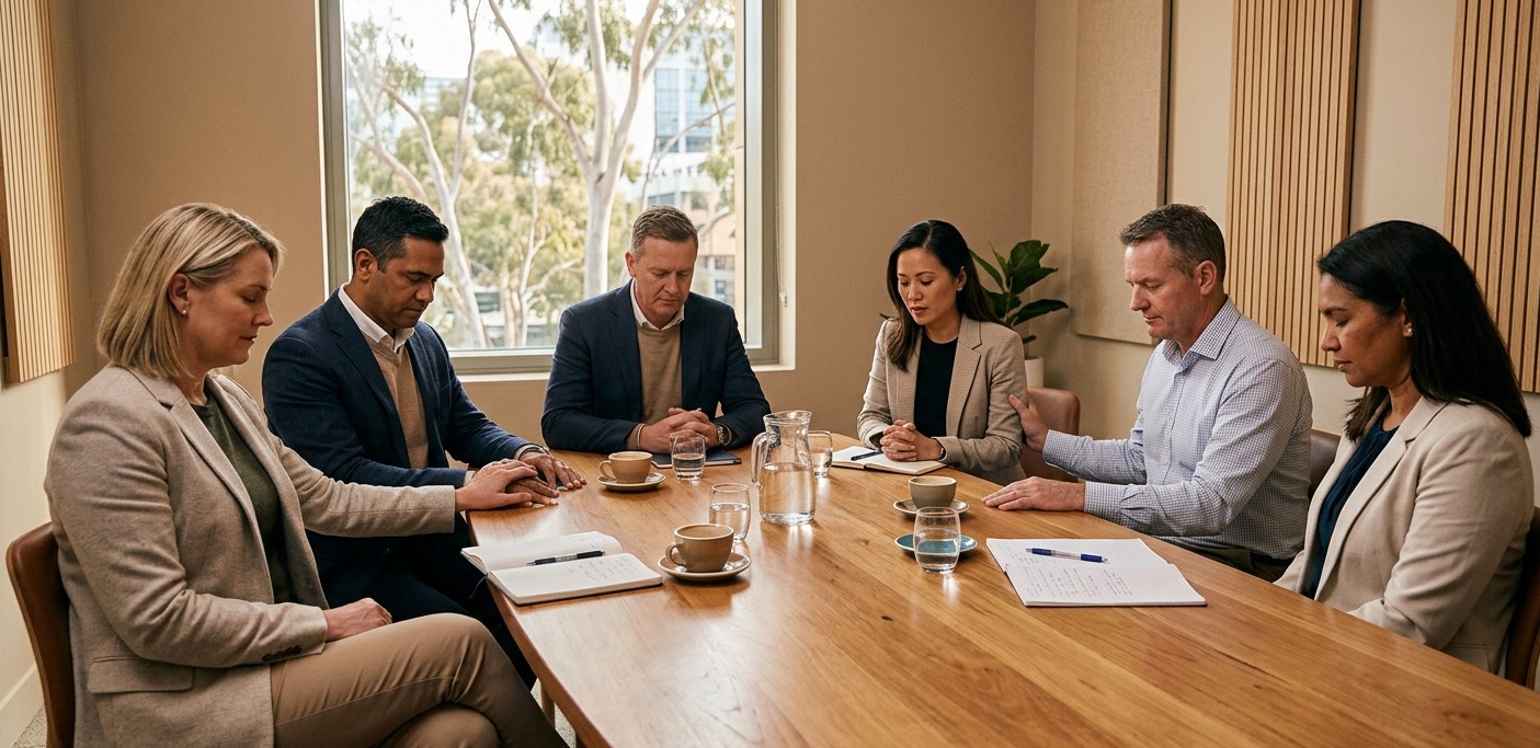 Business leaders praying together around a meeting table in a small group setting