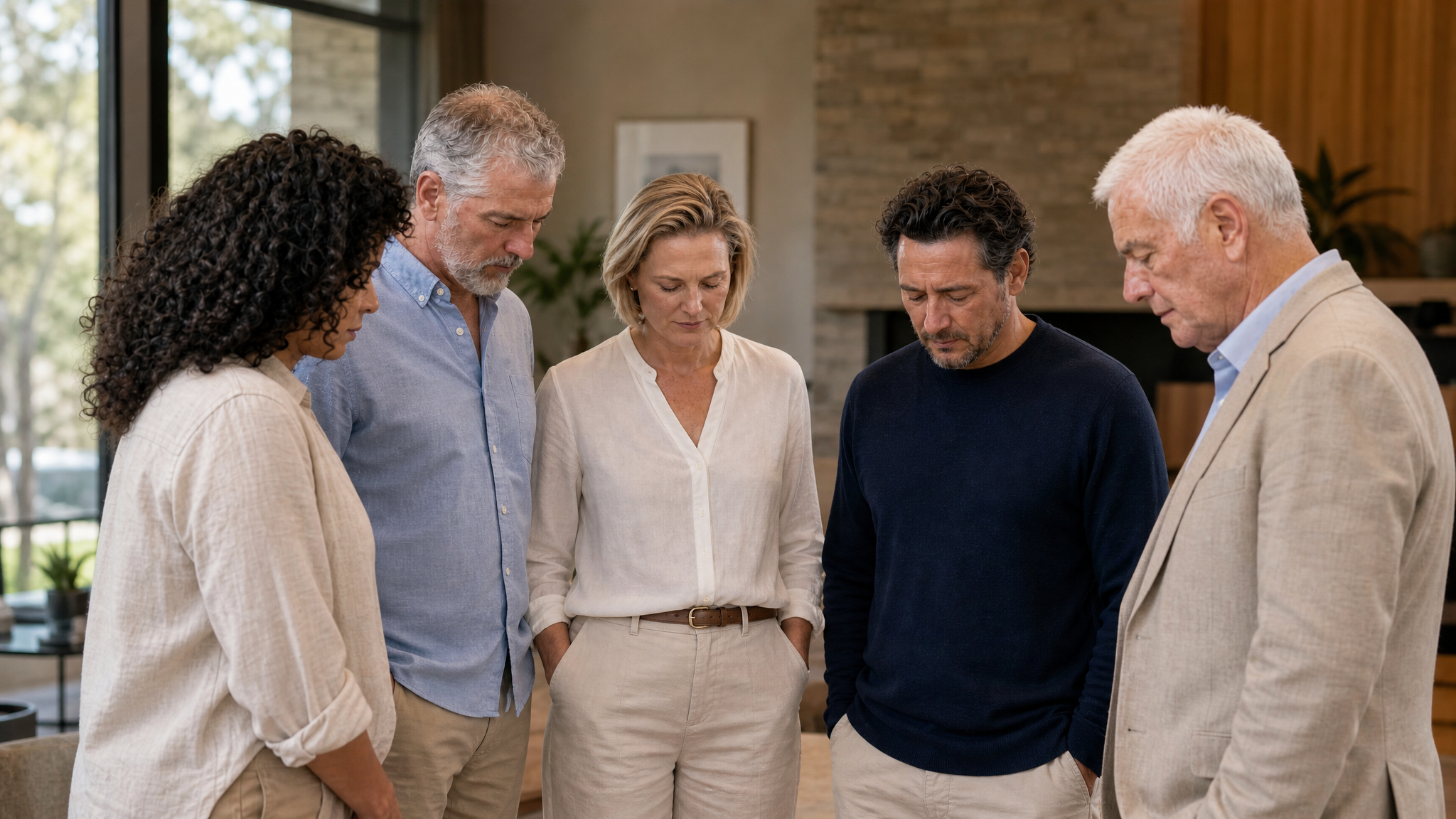 Business leaders standing together in quiet prayer and encouragement