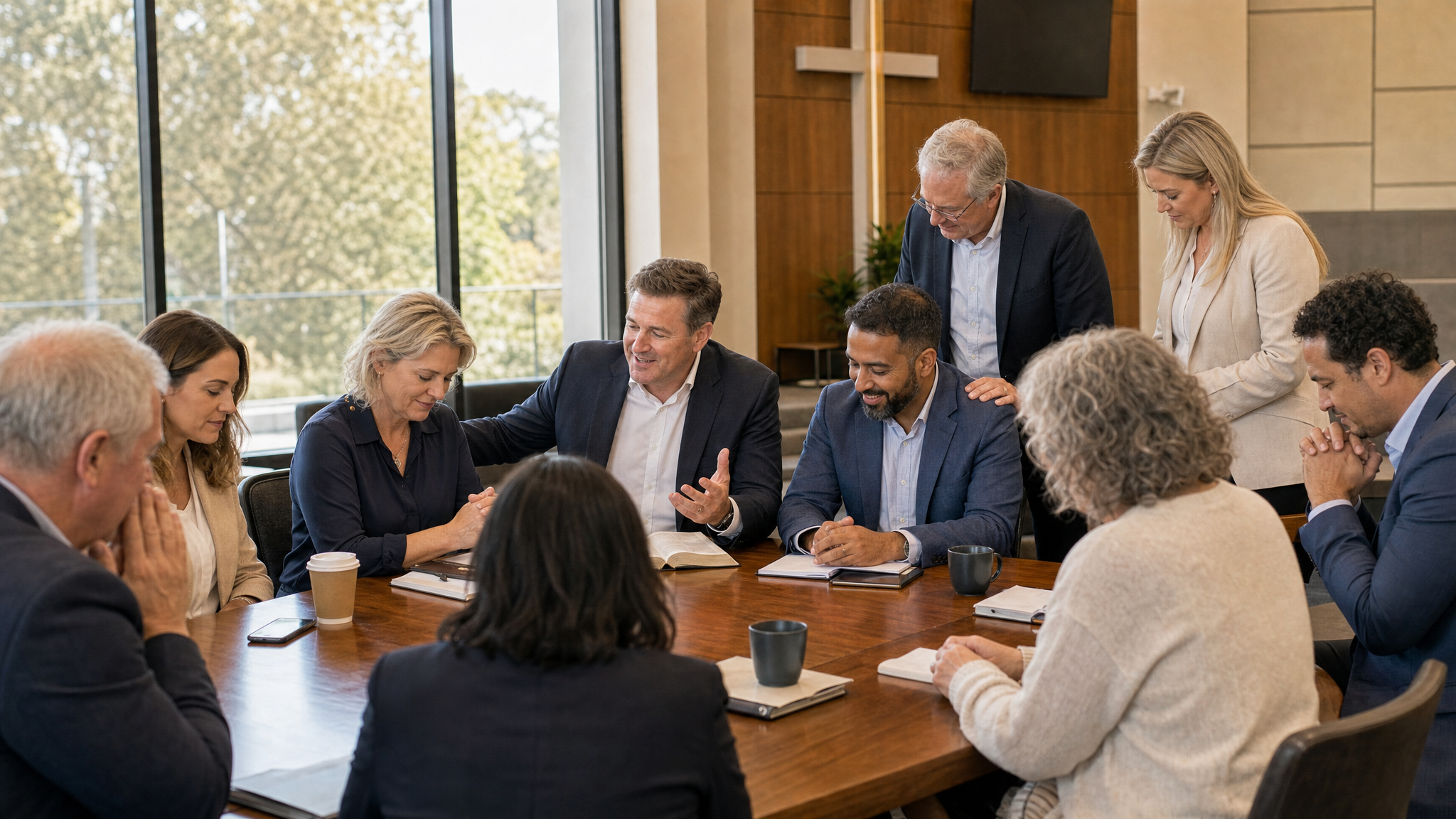 Business leaders and church leaders praying together in supportive community setting