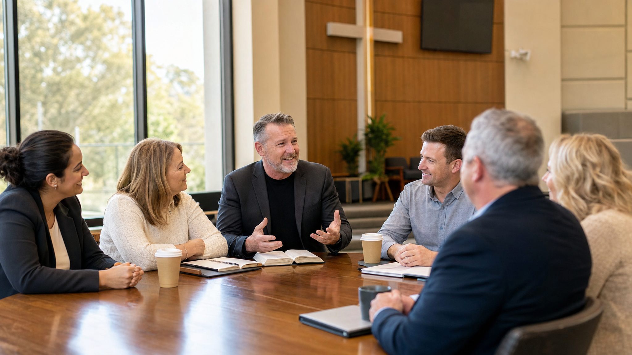Pastor and business leaders in discussion during a leadership support meeting