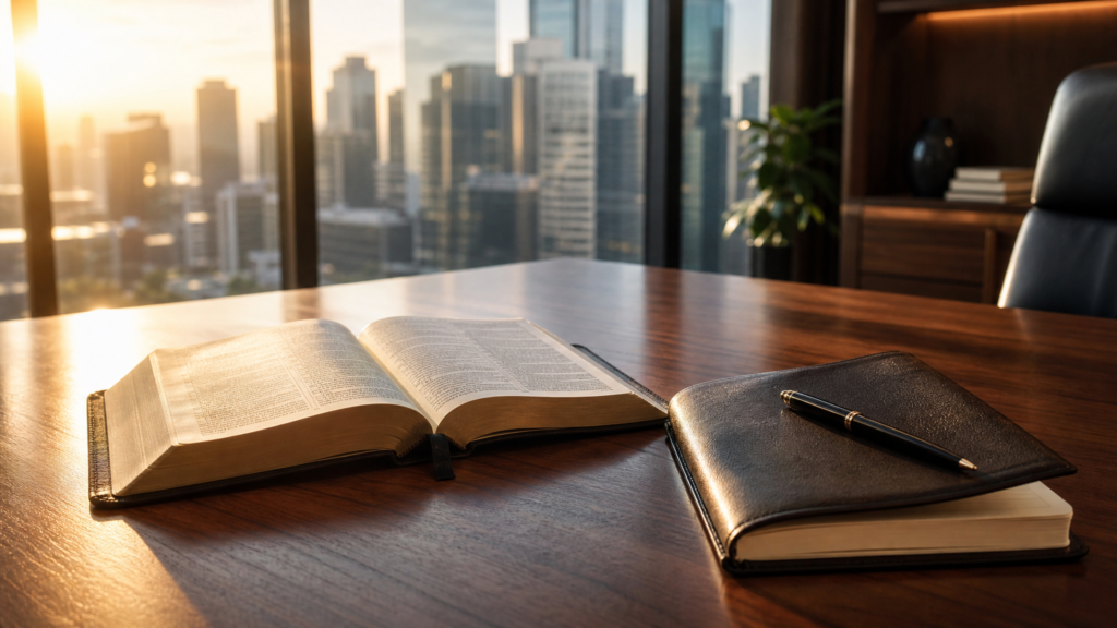 Open Bible and business journal on an executive desk overlooking a city skyline, symbolising faith-based leadership and seeking God's wisdom.