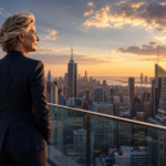 Christian business leader overlooking a city skyline at sunrise, reflecting on faith, leadership and God's guidance for the future.