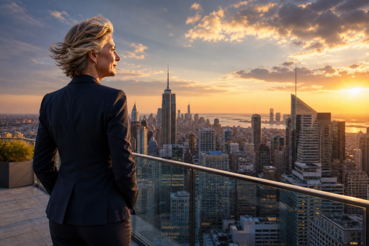 Christian business leader overlooking a city skyline at sunrise, reflecting on faith, leadership and God's guidance for the future.