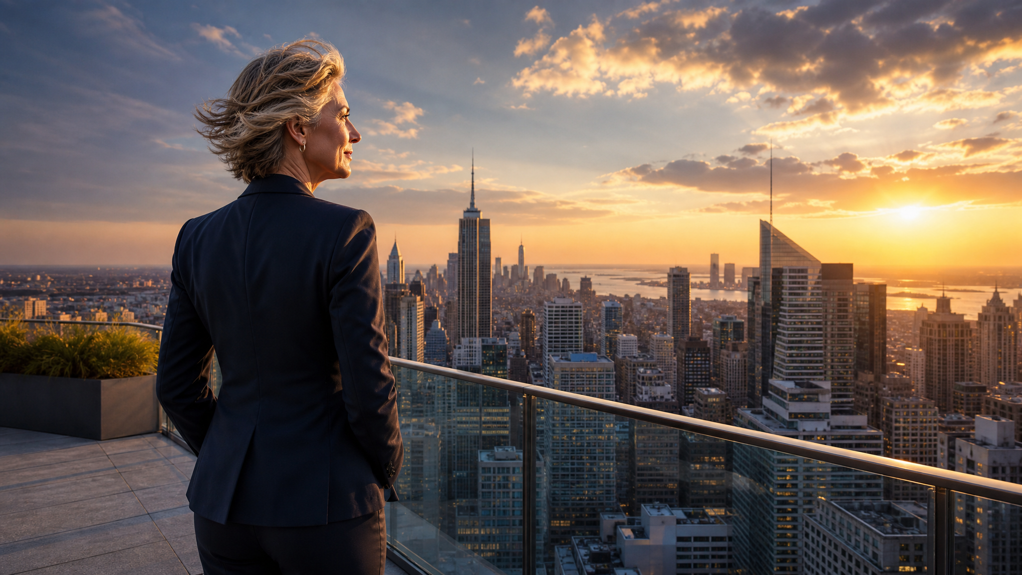 Christian business leader overlooking a city skyline at sunrise, reflecting on faith, leadership and God's guidance for the future.