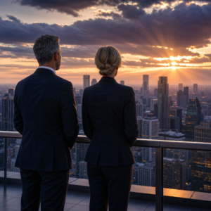 Two Christian business leaders overlooking a city skyline at sunrise, reflecting on faith, leadership and God's guidance for the future.