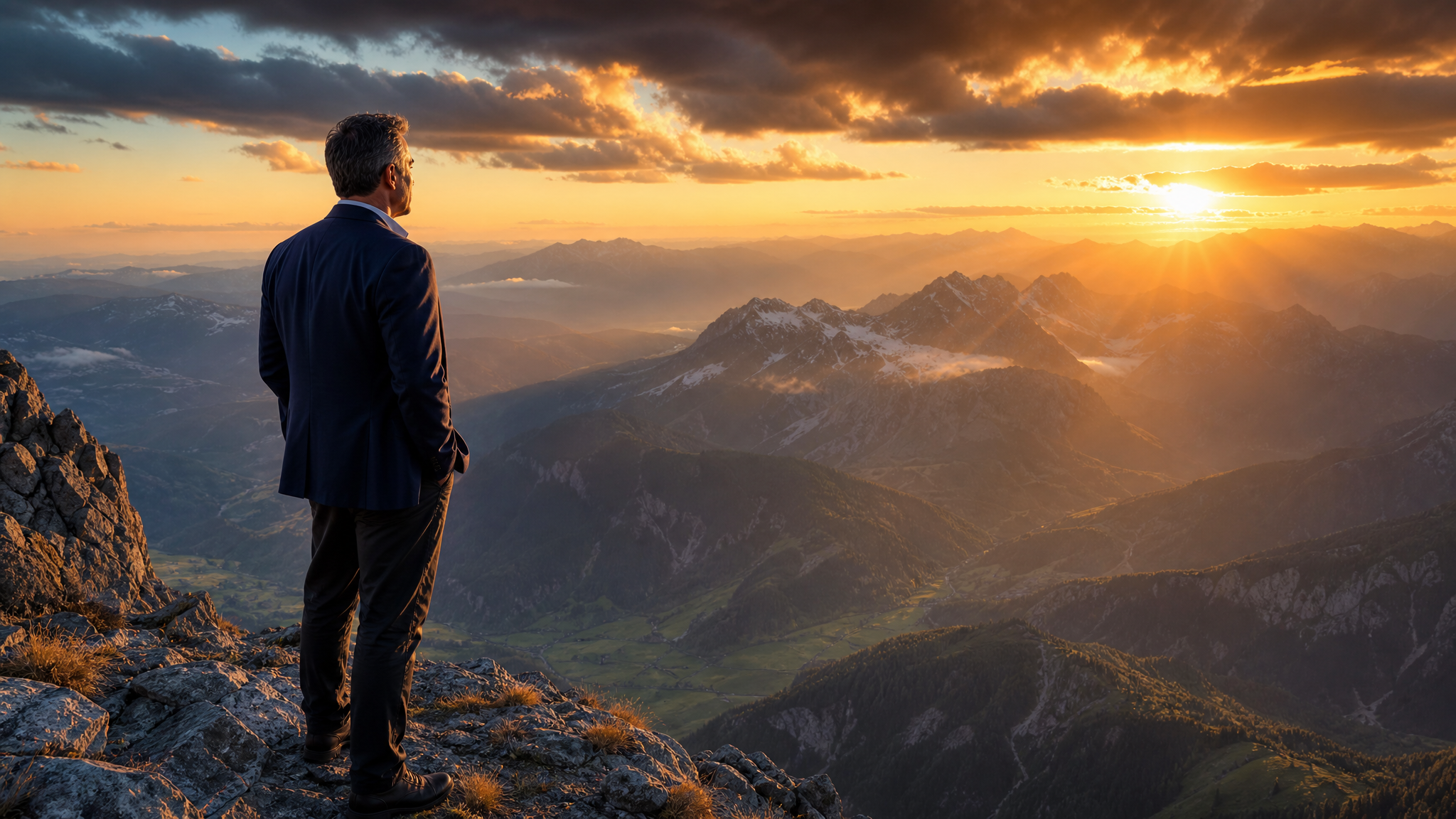 Business leader standing on a mountain summit at sunrise, reflecting on faith, purpose and God's direction for the future.