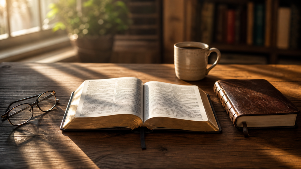 Open Bible on a timber desk beside a journal, coffee cup and reading glasses during a quiet morning devotional time.