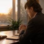 Christian business leader praying at his desk with an open Bible while seeking God's guidance during a season of uncertainty.