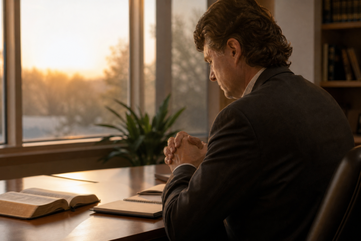 Christian business leader praying at his desk with an open Bible while seeking God's guidance during a season of uncertainty.