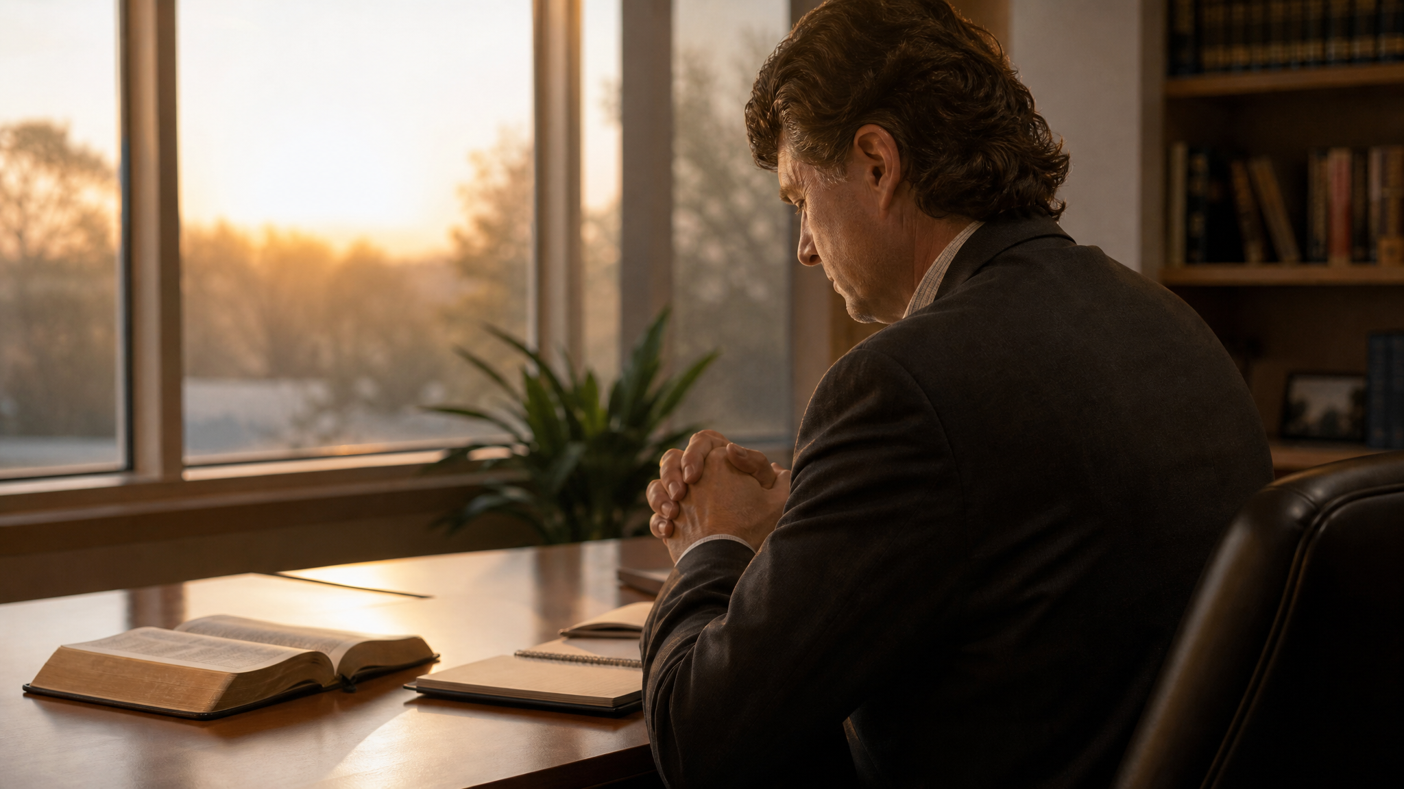 Christian business leader praying at his desk with an open Bible while seeking God's guidance during a season of uncertainty.