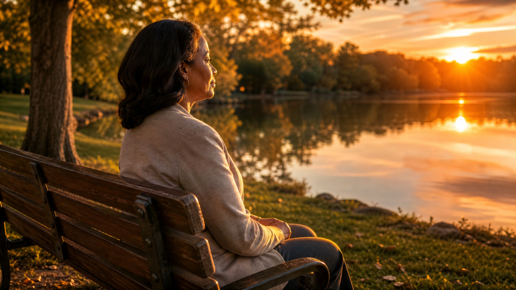 Christian business leader sitting quietly by a lake at sunset, reflecting on faith, patience and trusting God's timing.
