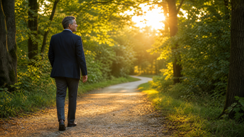 Christian business leader walking along a sunlit forest path, symbolising faith, guidance and daily partnership with God.