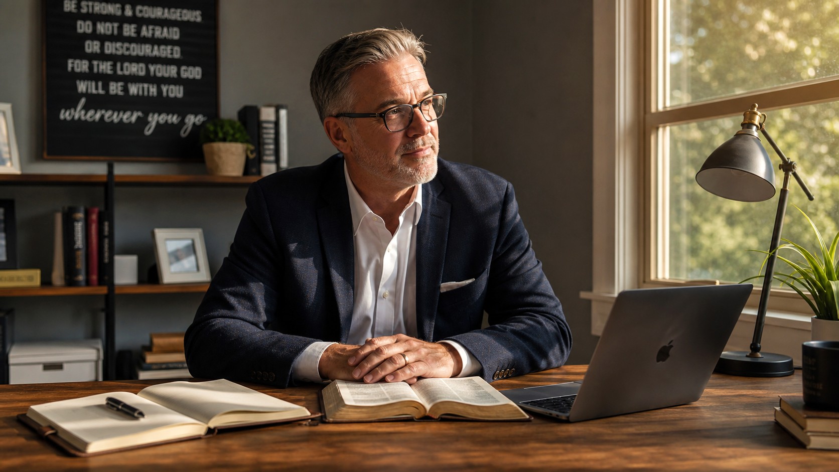 Christian businessperson with an open Bible at a desk representing faith, prayer and purposeful work