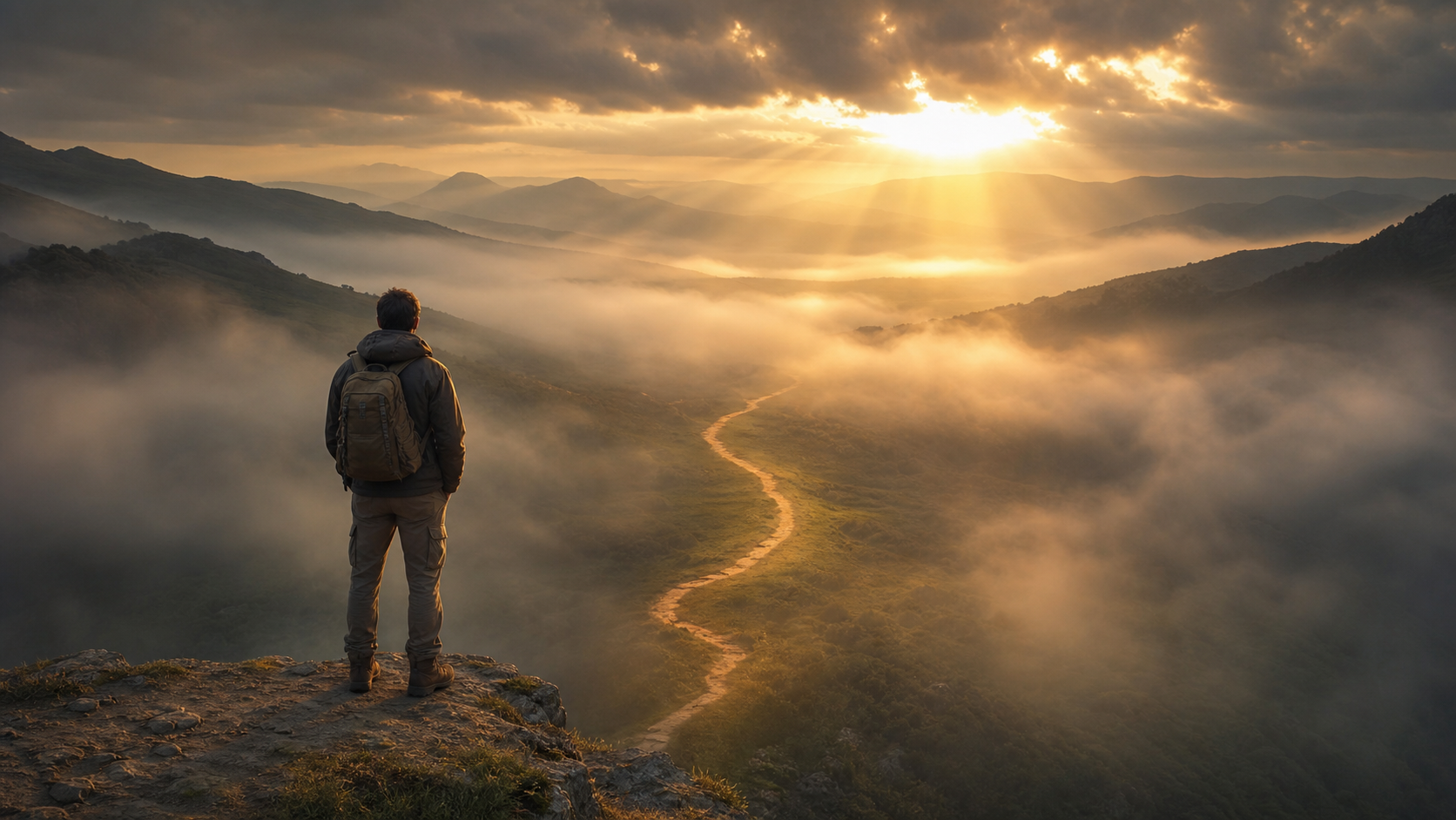 Person facing a misty path with sunlight ahead representing moving from fear to faith in God